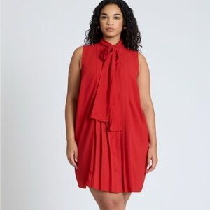 Eloquii Pleated Bow Neck Mini Dress Red